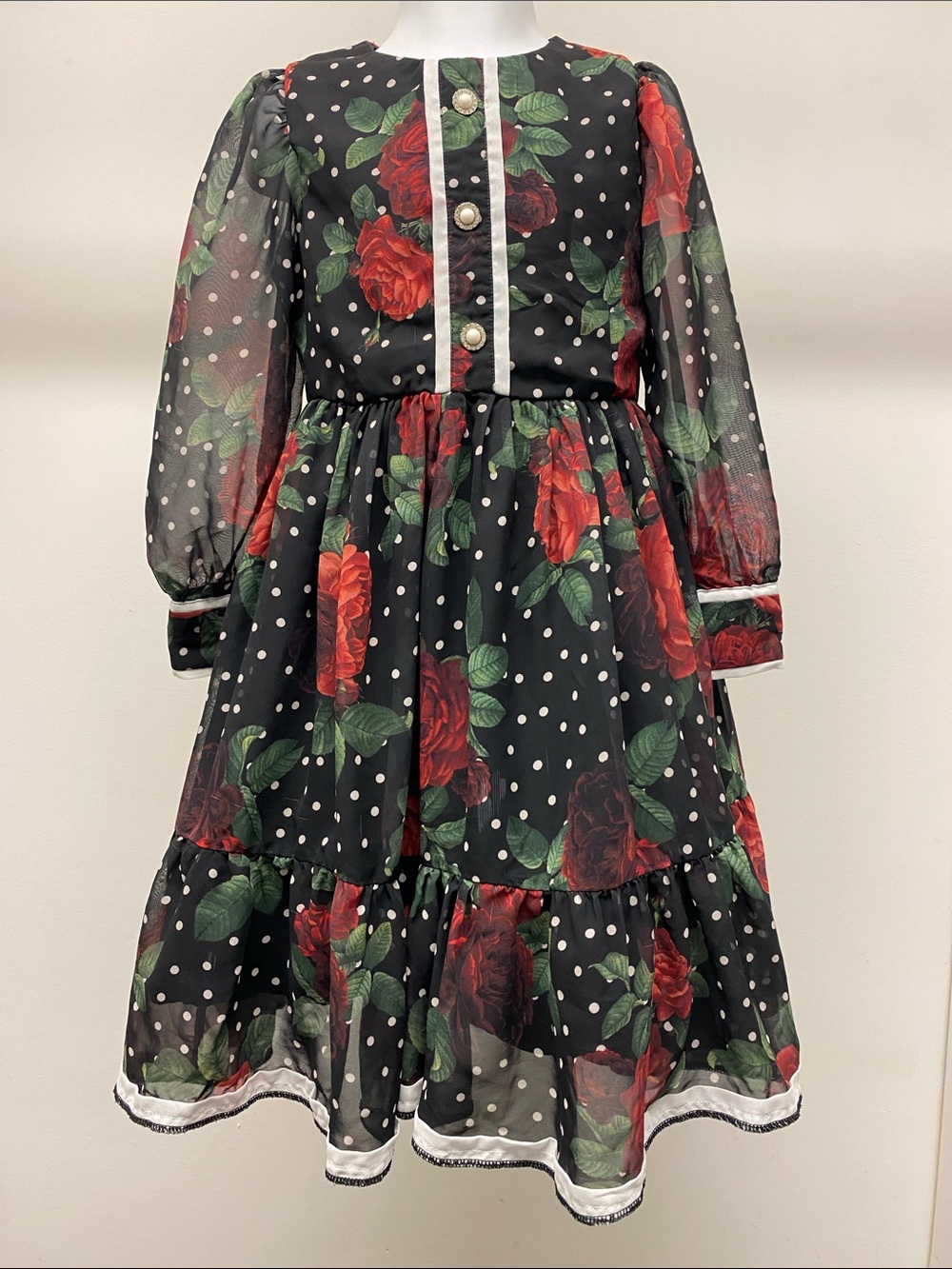 Patachou Black & Red Floral Polka Dot Long Sleeve Girls' Dress